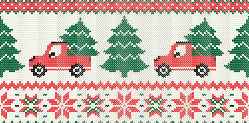 Knitting car red off-road vehicle with Christmas tree and snow ornament. Seamless pattern. Vector illustration.