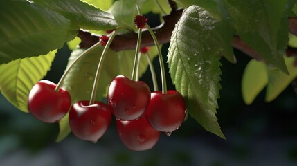 Abundant harvest: a branch of ripe cherries on a sunny day . Generative AI