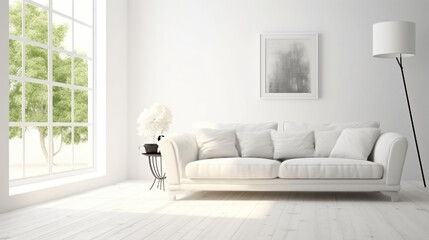 Fototapeta premium White room with sofa. Generative AI
