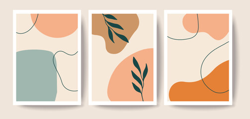 Abstract Modern Poster or Cards with Tropical Leaf. Neutral Art, Minimalist Shapes, Boho Decor, Earth Tones. Postcard or brochure cover design

