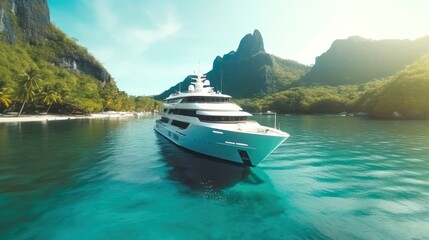 Cruise liner in a beautiful bay with turquoise colored water. luxury travel and leisure. Generative AI. 