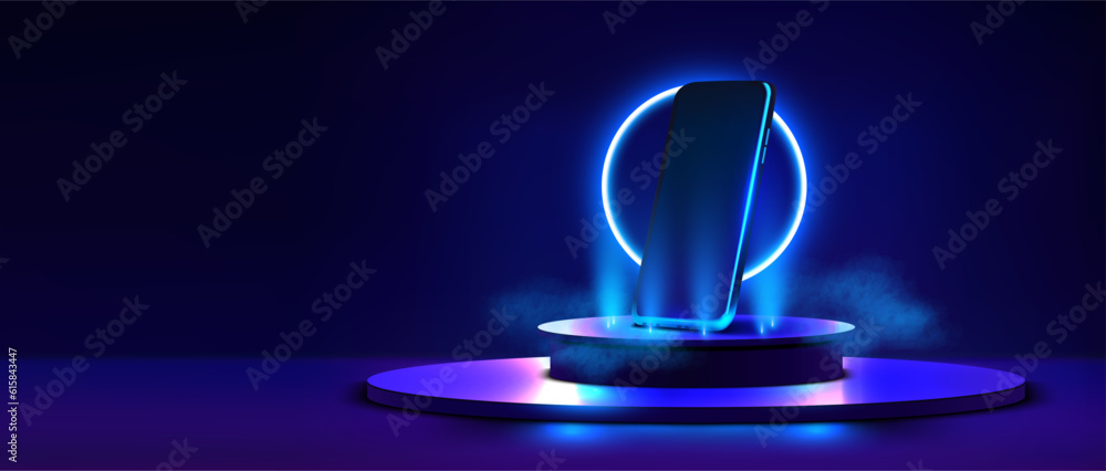 Poster a modern glass smartphone hanging above the podium with a smooth dark blue surface in a reflection a