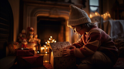 ai generated illustration christmas, child unwrap christmas gift against fire place