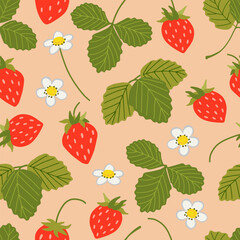 Strawberry vector seamless pattern. Sweet red berries, white flowers, leaves on pink background. Summer plants, fruits illustration. Hand drawn cartoon wild woodland strawberry repeated print design