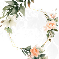 Watercolor floral flower leaf frame border background with empty space. Used for wedding template and social media template