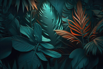 Naklejka na ściany i meble Abstract jungle leaves background, generative AI