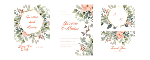 colorful colourful floral flower vector watercolor colorfull wedding invitation card template set with golden floral decoration