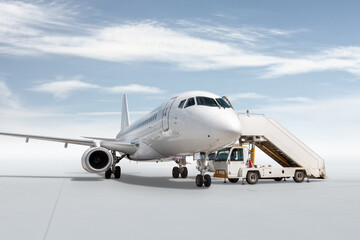 White passenger airplane with a boarding steps isolated on bright background with sky