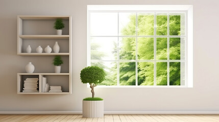 White room with shelf and green landscape in window. Scandinavian interior design. Generative AI