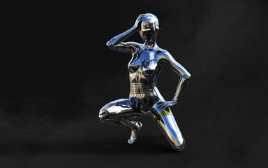Obraz na płótnie Canvas 3d Illustration of Cyborg woman with silver metallic body on black background. 3d rendering
