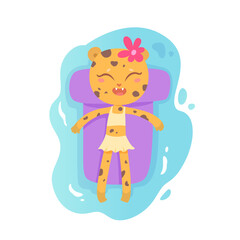 Cute cat floating on inflatable mattress, funny baby animal in swimsuit swimming