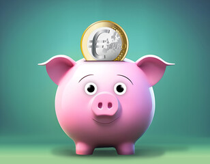 Tirelire souriante de cochon avec pièce euro, concept de banque économie d'argent et livret épargne - IA générative