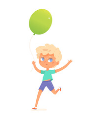 Little boy jumping with balloon vector illustration. Cartoon isolated funny baby child holding rope of green balloon to jump and fly, cute small cheerful toddler flying in summer air with smile