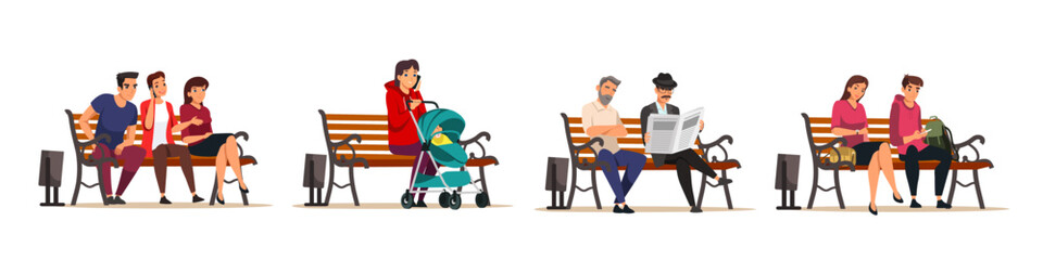 People sitting on city park or garden benches vector illustration. Cartoon male and female characters sitting together, girl talking on phone, man in hat reading newspaper, woman waiting somebody