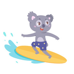 Cute koala surfing in sea or ocean waves, funny baby animal in trunks riding surfboard