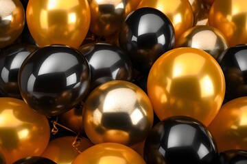 Bunch of golden and black balloons tied together for wedding anniversary celebration concept background, generative ai, shiny glossy 3d balloons background for celebration