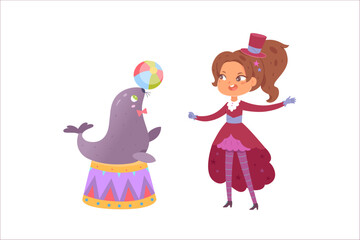 Circus characters perform juggling show vector illustration. Cartoon cute seal juggler playing ball on podium and trainer in vintage tuxedo, carnival performance of happy animal and funny girl