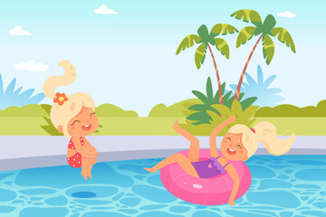 Fototapeta na wymiar Cute baby girls playing on pool party, summer tropical landscape with vacation scene