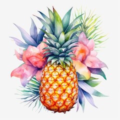 Pineapple with flowers and tropical leaves isolated on white background, summer hawaii square web banner