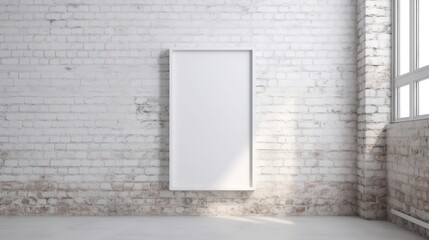 Blank vertical painting poster in white frame hanging on white brick wall.