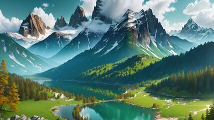 Fantastic panoramic view of the lake and mountains in the background