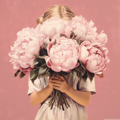 the girl shyly covered her face with a bouquet of peonies on a pink background hand-drawn in watercolor. postcard congratulation. Generative AI 