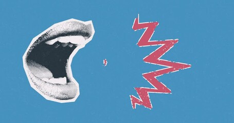 Mouth with a halfton patern effect screams loudly drawing attention against the background of an aggressive grunge effect. Motion design concept animation. Art collage, magazine style. - Powered by Adobe