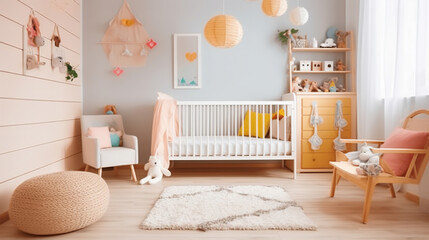Interior of light modern children's room with crib. Generative AI