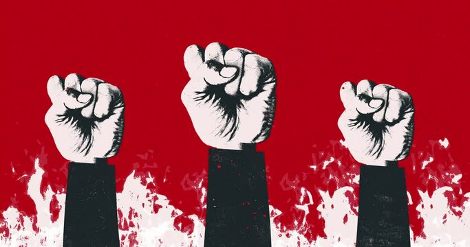 Fist expression of protest against the background of fire and aggressive grunge effect. Motion design concept animation. Art collage, magazine style.