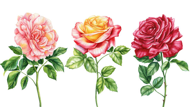 Roses flowers and leaves on an white background, Set flowers, botanical illustration, watercolor clipart, Rose branch 