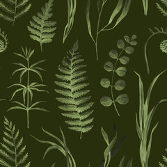 Forest nature greenery seamless pattern. Watercolor illustration. Hand drawn forest floral decor. Fern, grass, forest herbs, plants, leaves seamless pattern. Natural greenery decor. Dark background