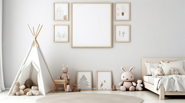 White wall with an empty vertical picture frame in a contemporary kids' room. Bed and toys cozy space for children. Generative AI