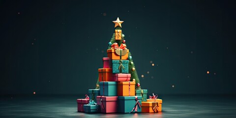 Marry christmas tree with gifts, gift box colorful christmas tree, Christmas tree made of gift boxes.