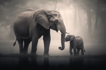 Fototapeta na wymiar Mother Elephant and Her Calf - AI Generated