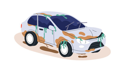 Damaged flooded wet car after accident and sinking in water. Dirty submerged sunken auto breakdown. Broken drowned injured vehicle in dirt, mud. Flat vector illustration isolated on white background