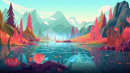 American canadian mountains and rivers landscape in a video game pixel lowpoly style mattepainting illustration ai generated