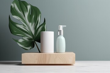pedestal with a green leaf and a cosmetic bottle against a gray backdrop. minimal backdrop for the display of the product. Background and podium made of cosmetic bottles. Generative AI