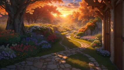 3d render of fantasy garden with path and beautiful flowers at sunset