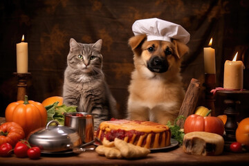 Fototapeta na wymiar cat and dog cooking contest, fantasy illustration, generated with ai