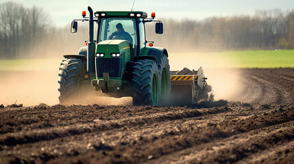 A farmer in a tractor prepares the ground. As part of pre seeding chores in the early spring season of agricultural labor. Generative AI - obrazy, fototapety, plakaty
