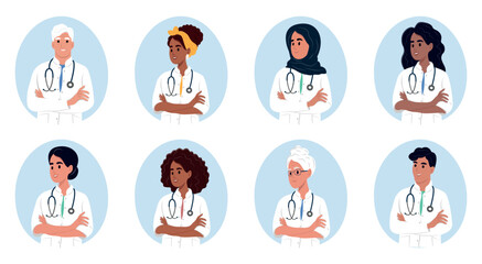 Avatar of smiling medical staff. Set of different doctors. African American, Muslim, Native American, African, Chinese, Asian,Elderly . Multi-ethnic medical workers of different nationalities.