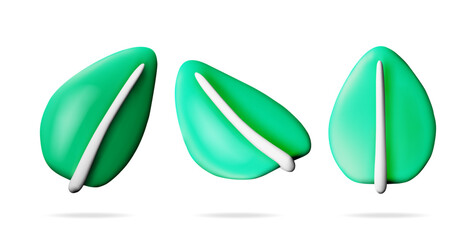 3D Cartoon Salad Leaves in Different Angles Isolated. Render Green Raw Spinach Leaf. Salad Lettuce Vegetable. Organic Healthy Food. Vegetarian Nutrition. Vector Illustration