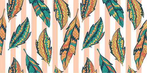 Colorful feather seamless repeat pattern. Red yellow blue boho style textile print illustration. Pink and White Stripes background