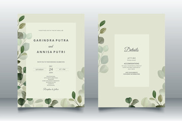  Beautiful eucalyptus leaves wedding invitation card template Premium Vector