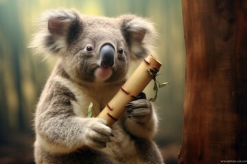 Obraz premium koala playing didgeridoo, fantasy illustration, generated with ai