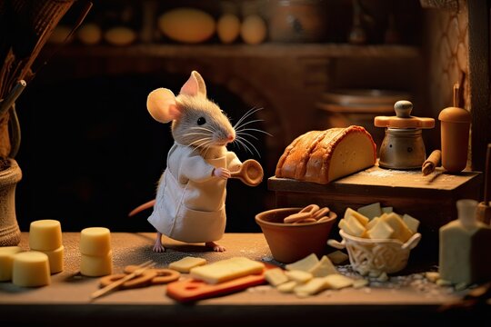 mouse baking cheese bread, fantasy illustration, generated with ai