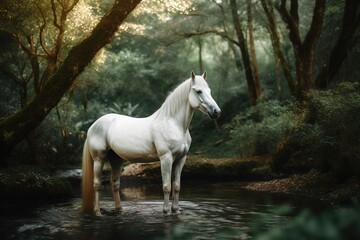 Obraz na płótnie Canvas white horse stands in a pond in the forest. generated ai