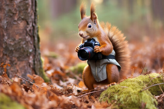 squirrel taking forest pictures, fantasy illustration, generated with ai