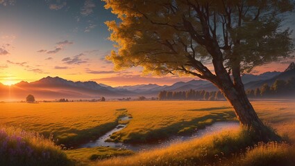 Fototapeta na wymiar Sunrise over the meadow with trees and mountains in the background