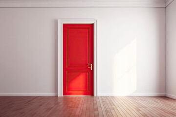 Open door with copy space on a white wall. Red wallpaper and a parquet floor decorate an empty room. interior design that is minimal. Generative AI